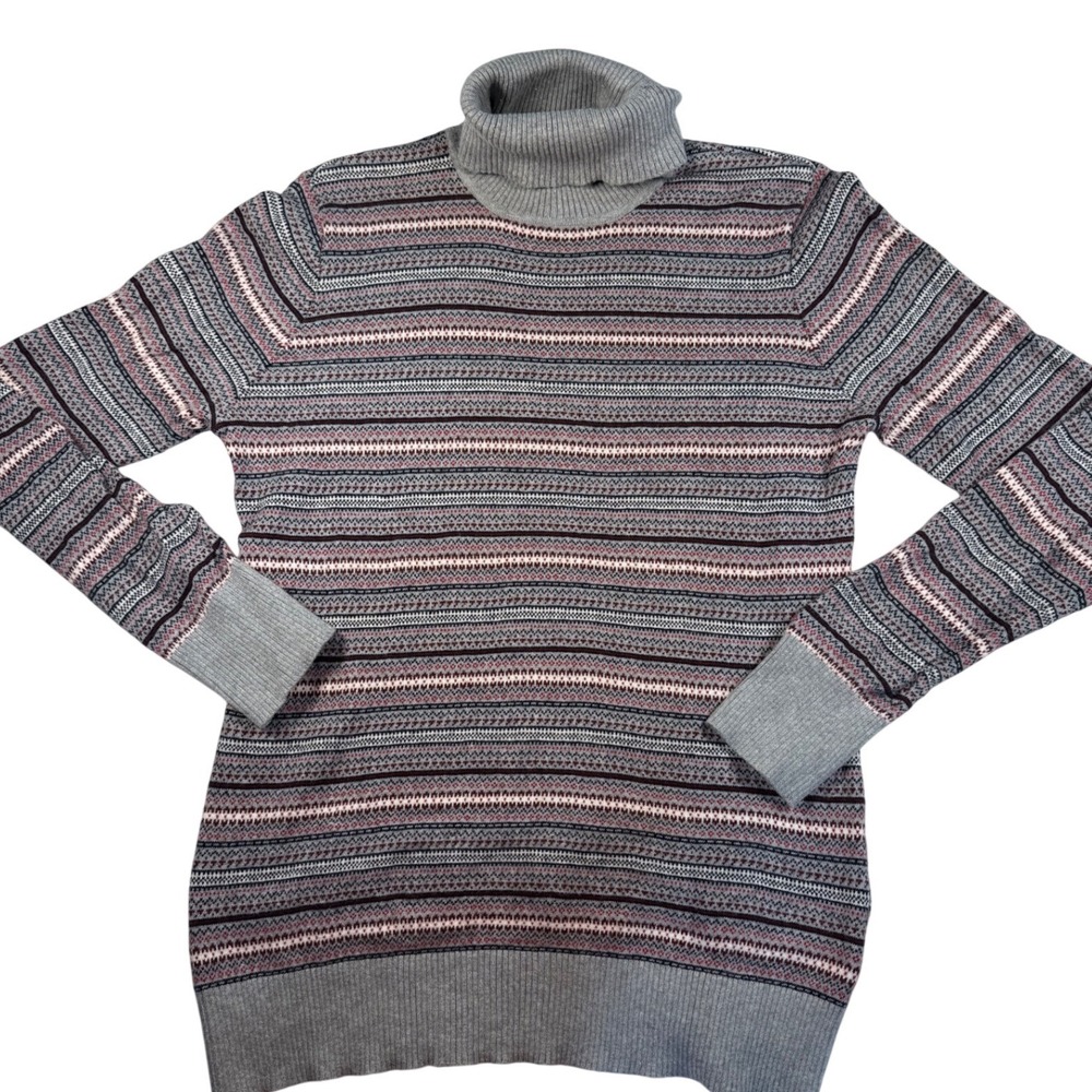 L.L.Bean Fair Isle Turtleneck Sweater Women Size L Gray Pink Blue Pattern Cotton - Picture 3 of 14